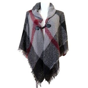Modena Womens Chunky Plaid Grey Red Black Poncho Sweater Cover Up One Size